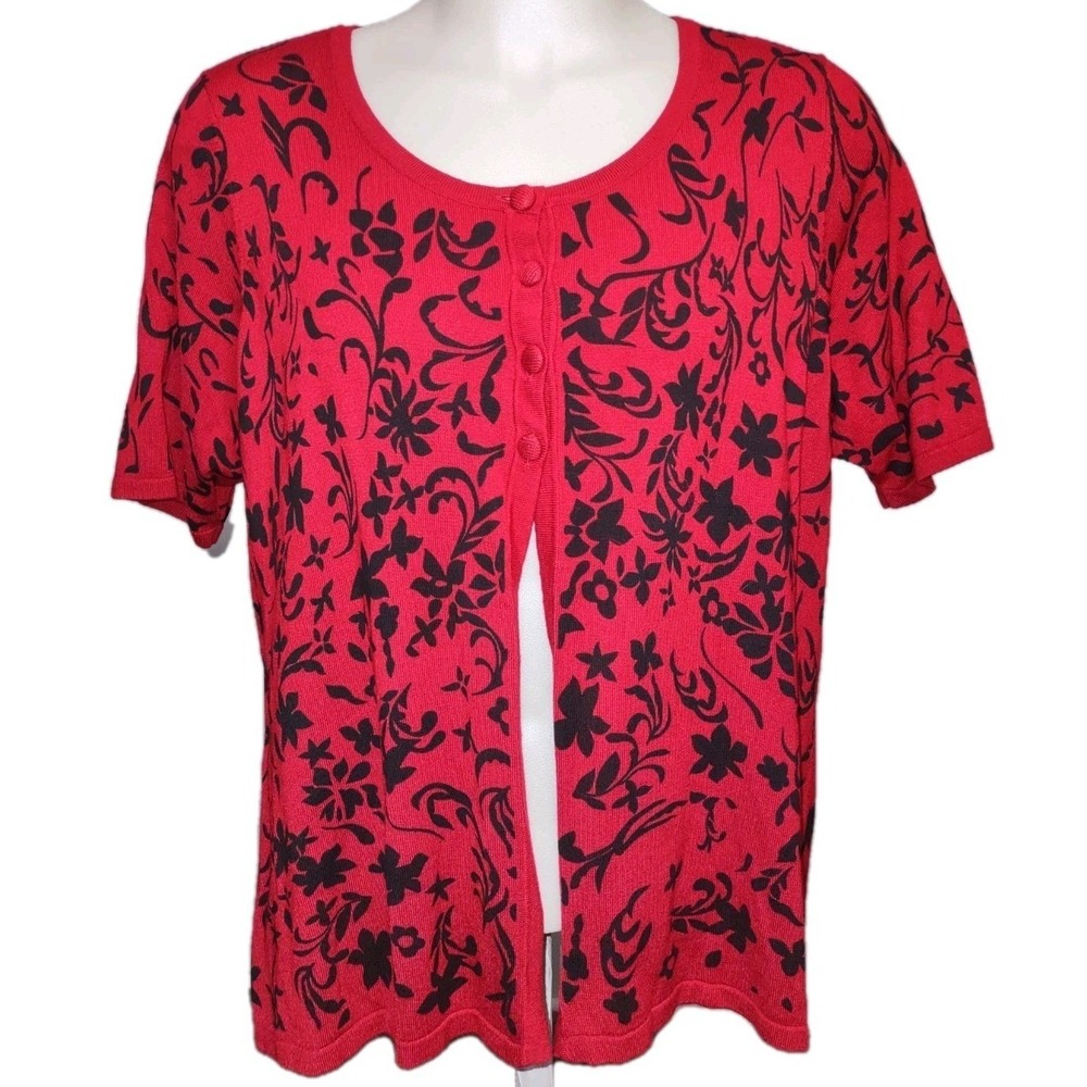 Croft & Barrow Sweater Women Size 2X Short Sleeve Scoop Neck Button Up Red Black